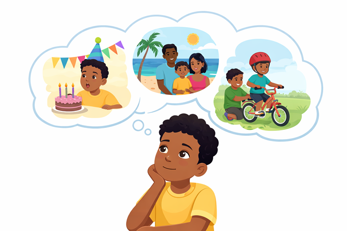 A student thinking with a thought bubble showing different memories like a birthday, a trip, and learning to ride a bike